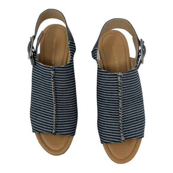 Marc Fisher Sinthya Blue Stripe Denim Cork Wedge Slingback Sandals 7.5 - Picture 9 of 11